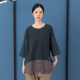 【MOSS CLUB】棋盤格假兩件式落肩圓領短袖上衣 黑 綠