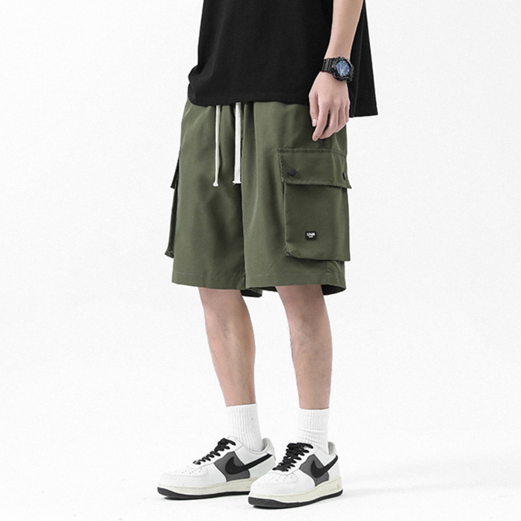 【MS】口袋工裝褲【台灣出貨】素色夏天籃球彈力日系五分褲工作褲穿搭寬鬆抽繩機能戶外復古簡約鬆緊帶涼感速乾露營顯瘦登山男生