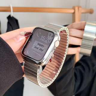 金屬不鏽鋼 彈力錶帶 適用Apple Watch S9 錶帶8 7 6 5 4 SE金屬錶帶 41/45mm蘋果替換錶帶