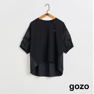 【gozo】➤金屬標異材質拼接造型上衣(黑色/深綠_F) | 女裝 圓領 休閒