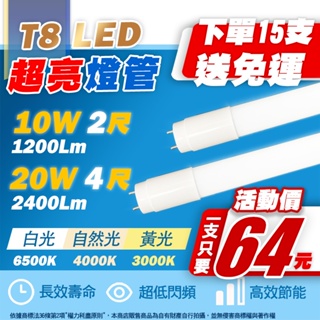 【喜萬年】15支免運 台灣品牌 超亮 T8LED 燈管 10W 20W 黃光白光自然光CNS 無藍光 T8 省電燈管 燈