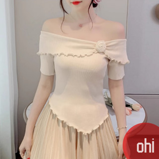 【ohi】時尚一字肩兩穿打底衫 不規則衣襬 甜美針織短袖上衣 氣質上衣 夏天衣服 女裝 GWH6477