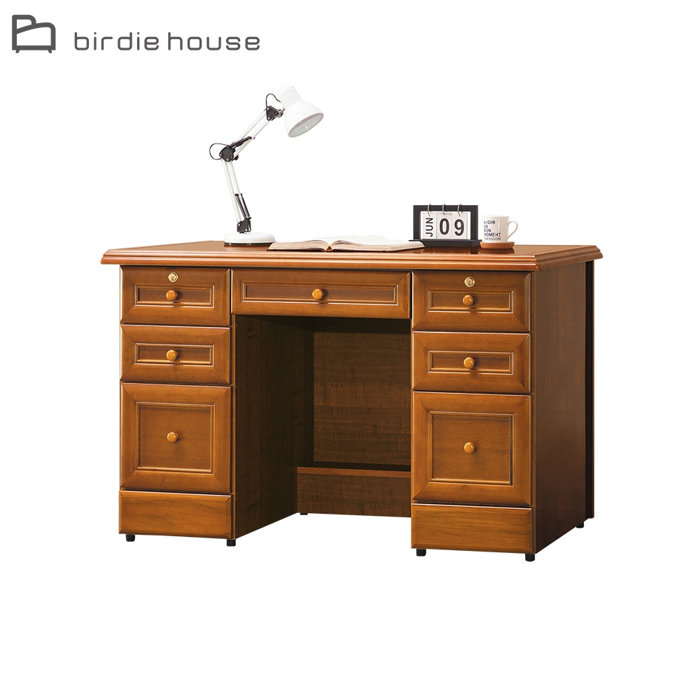 Birdie-實木樟木色4.5尺辦公桌/七抽書桌