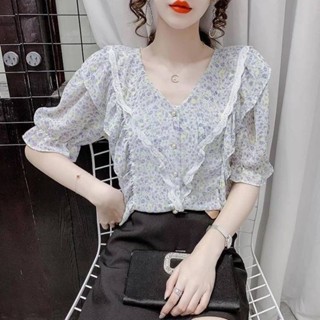 ❤️ 全新 轉賣 夏日 清新 氣質 法式 蕾絲 滾邊 碎花 雪紡 V領 珍珠 襯衫 上衣