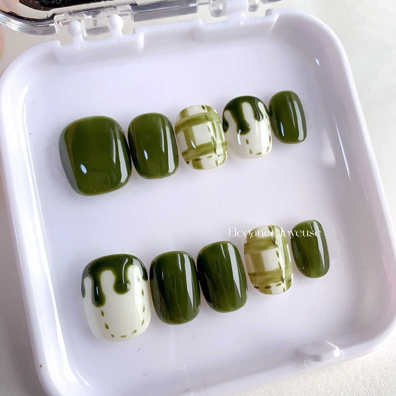 🎐台灣現貨🎐 日系抹茶菱格手繪穿戴甲 超仙純 手工穿戴甲 凝膠指甲貼 裸色穿戴甲 貓眼穿戴甲 美甲貼紙 美甲 美甲貼片 
