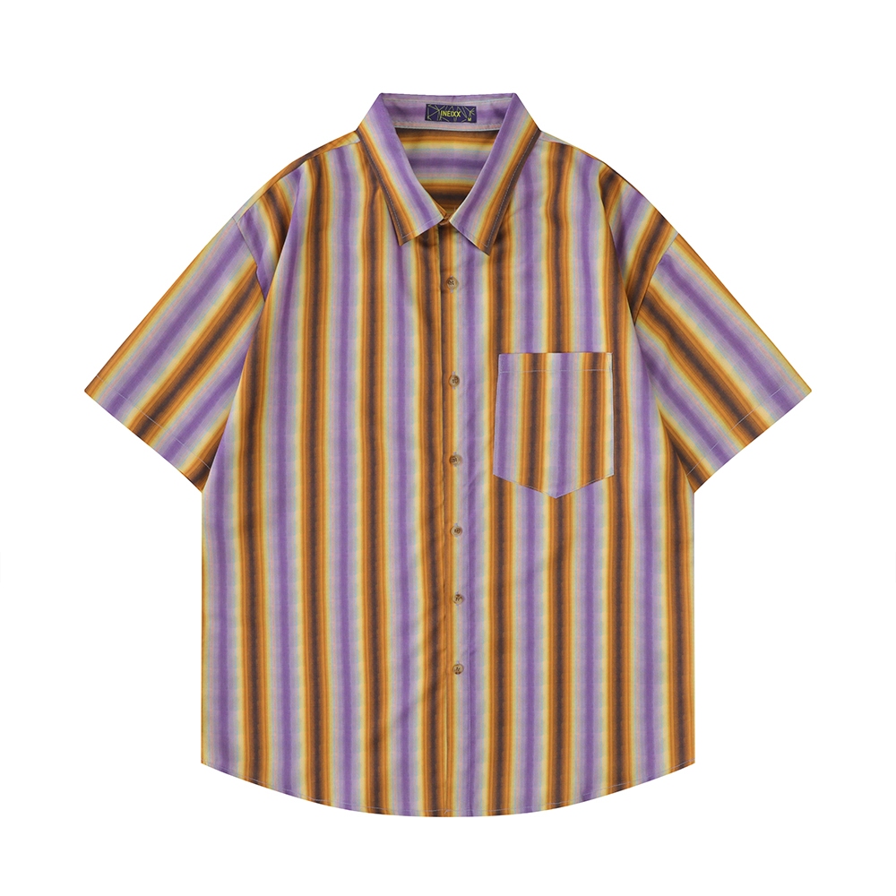 【K-2】紫色 橘色 線條 短袖襯衫 個性 穿搭 寬鬆 口袋設計