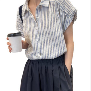 愛依依 短袖條紋襯衫 短袖上衣 開襟衫S-XL夏季防曬衫外套法式獨特別緻小上衣R06-1930.