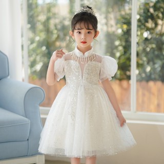 【Cherry】女童網格鏤空走秀演出禮服Q196童裝中式短裙泡泡袖公主蓬蓬兒童禮服洋裝花童L5302