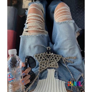 #L13838KS2 歐美風割破拉絲闊腿牛仔褲 高腰直筒大破洞寬鬆洋氣牛仔寬褲 復古刷色磨破造型落地丹寧長褲