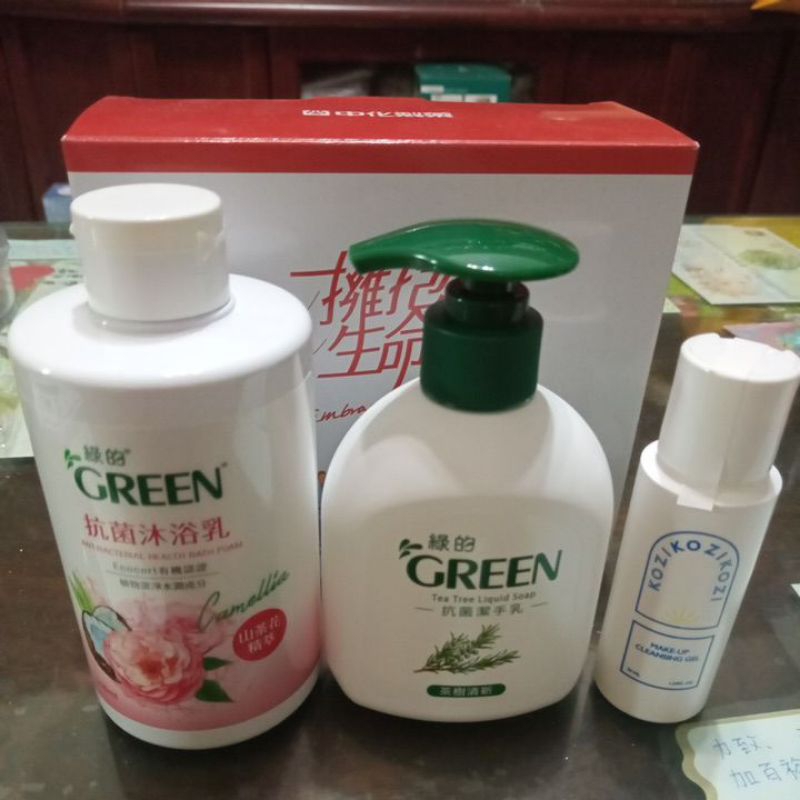 中化 GREEN 綠的 抗菌沐浴乳350ml茶樹抗菌潔手乳220ml KOZI潔淨釋放洗卸凝膠50ml 組合