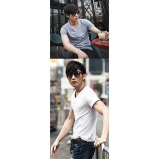 【ENNE】百搭純色假兩件短袖修身男士V領上衣T恤