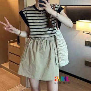 #L110152 休閒百搭工裝褲裙真兩件套裝 簡約寬肩圓領條紋背心上衣+鬆緊腰抽繩口袋工裝短裙
