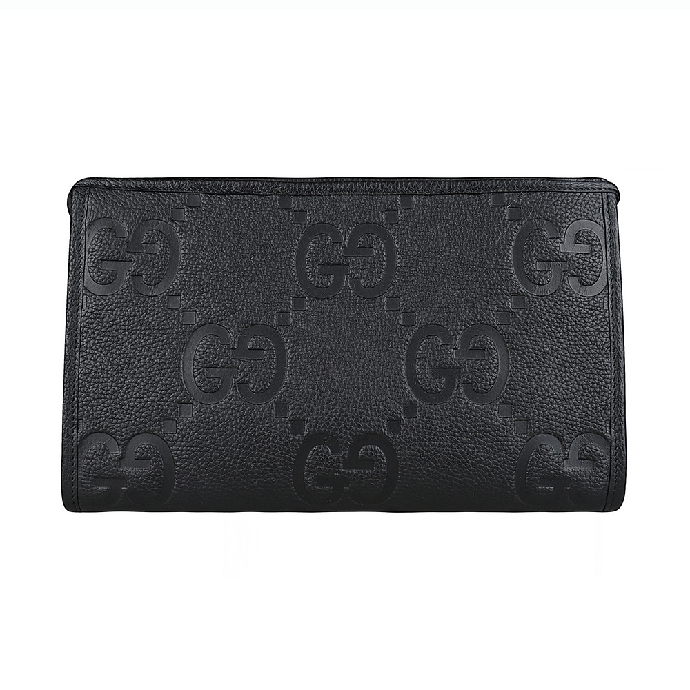 GUCCI JUMBO GG雙GG LOGO 壓印設計牛皮拉鍊手拿包(黑)