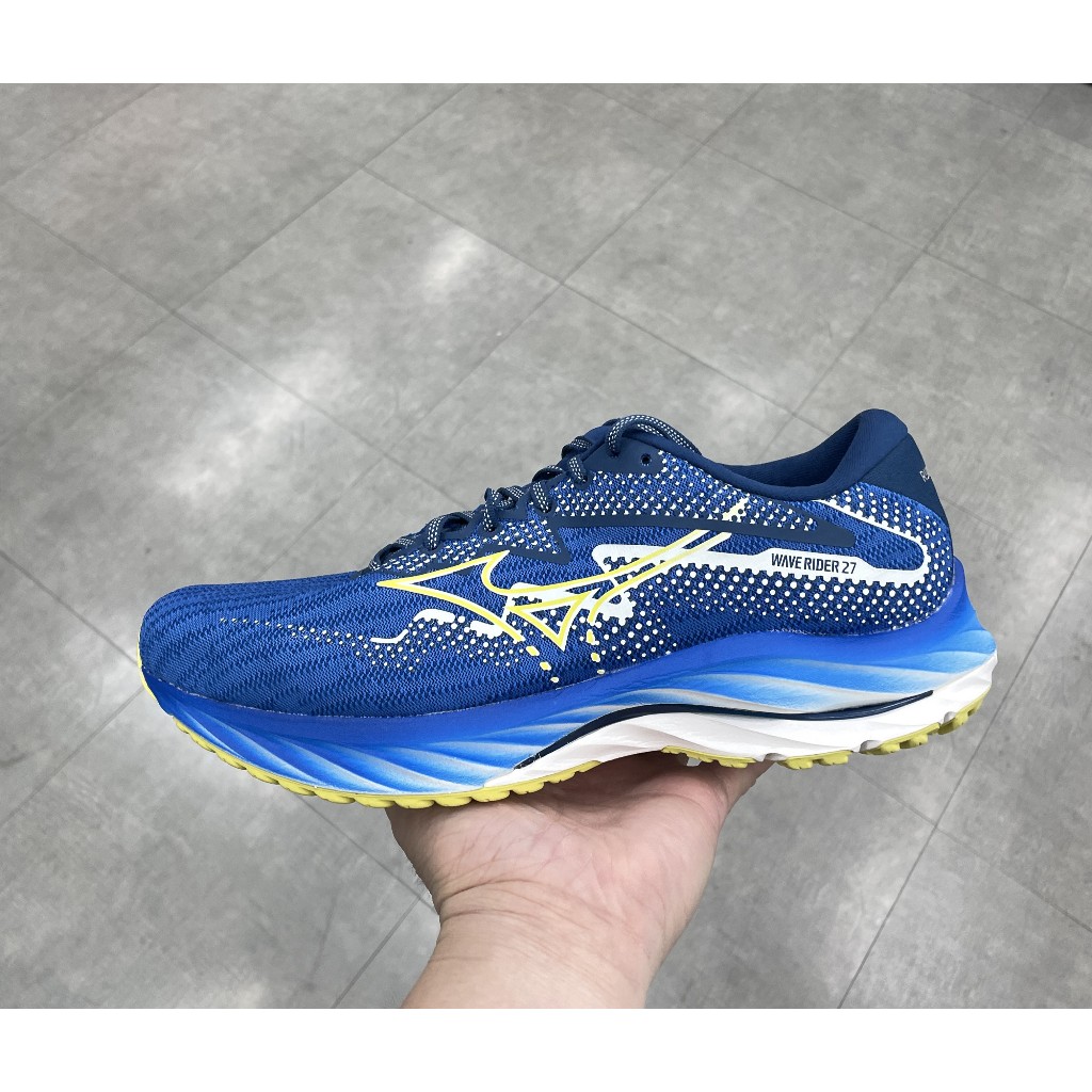 【BOBO】MIZUNO WAVE RIDER 27 藍黃 慢跑鞋原男 J1GC236201