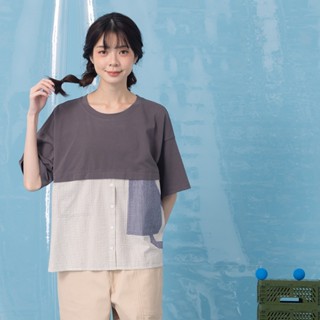 【MOSS CLUB】假兩件襯衫式假開襟棉短袖上衣 淺灰 深灰