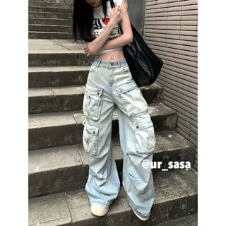 💗現+預｜愛哭包｜美式重工水洗淺牛仔多口袋層次工裝牛仔褲