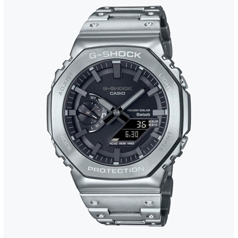 CASIO卡西歐 G-SHOCK 時尚八角白鋼太陽能智慧藍芽雙顯黑面男錶 GM-B2100D-1A