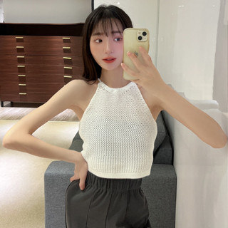 美背削肩綁帶上衣【V36】Sandy33實拍春夏新款韓系INS休閒百搭氣質露肩無袖掛脖背心 繞頸背心 短版背心小背心