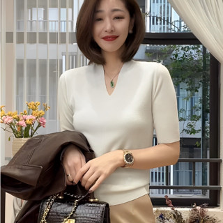 愛依依短袖針織衫 短袖T恤 中袖上衣 簡約 夏季薄款v領短袖針織衫高階感修身內搭上衣TBF07-5703.