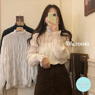 Waroom|現貨 A380韓國加絨/無加絨仙氣木耳邊高領毛衣內搭雪紡上衣|女裝|長袖網紗蕾絲打底衫|皺皺上衣|內搭外穿