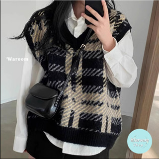 Waroom 現貨秒出 秋冬熱賣方格V領馬甲背心 針織女復古坎肩馬甲 疊穿背心上衣 毛衣 內搭上衣 格子背心989