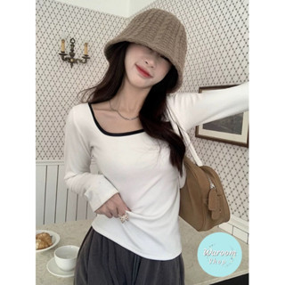Waroom|高雄快速出貨 實拍秋冬微磨毛撞色大U領帶胸墊合身上衣 女裝 長袖上衣 打底衣 外穿 修身上衣 顯身材 09