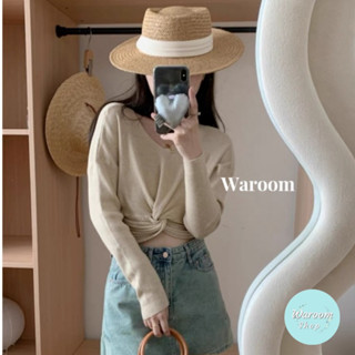 Waroom|現貨實拍 秋冬V領扭結短款包心紗長袖上衣|女裝|針織上衣|毛衣|短版上衣|露臍|修身顯瘦|打底衫 297