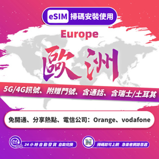 【eSIM歐洲】自動發貨 5G 含通話 vodafone多國通用土耳其 瑞士 英國 吃到飽 不限速 網路卡 電話卡 網卡