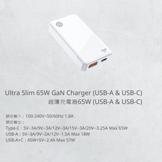 GaN超薄充電器 65W （USB-A + USB-C）HY-GC02