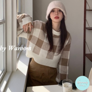 Waroom|現貨實拍 美拉德風棋盤格短版針織毛衣 圓領寬鬆上衣 短款長袖毛衣 格紋上衣 短版針織毛衣 短版上衣1039
