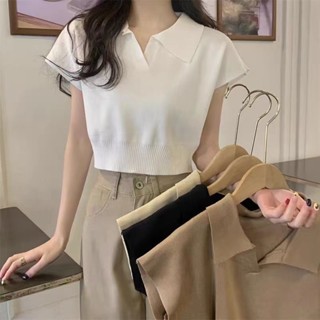 ZUCAS~韓版簡約翻領修身顯瘦休閒針織上衣 短袖上衣 短袖t恤 女裝 衣服 寬鬆上衣 素T 短板上衣(T-391)
