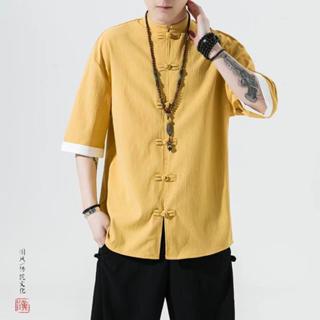 ✨星星百貨✨夏季中國風男裝亞麻盤扣短袖襯衫男五分袖唐裝古風棉麻漢服中山裝 冰絲面料