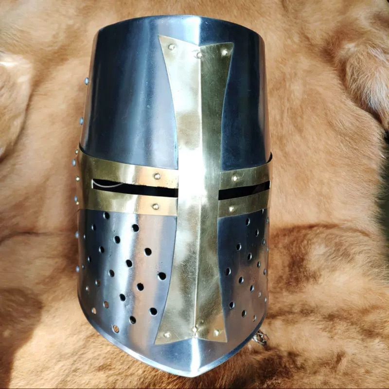 【意志的勝利】天國降臨COSPLAY LARP中世紀騎士盔甲巨盔十字軍桶盔 黃銅板甲頭盔可穿戴包郵