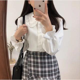 🌷臺灣出貨🌷Glove 秋季 韓版復古 ins 設計感 上衣女 長袖T恤 白色長袖襯衫 小眾娃娃領 襯衫女 打底襯衣