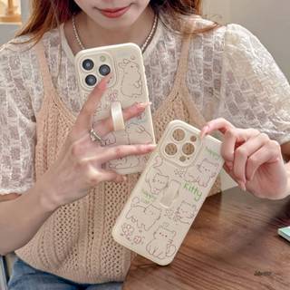 卡通可愛線條貓咪兔子創意顯隱環支架手機殼iphone15指環手機殼適用蘋果14手機殼蘋果13防摔蘋果12/11手機保護殼