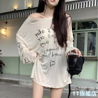 TT旗艦店 高質量慵懶風愛心字母印花長袖T恤女寬鬆薄款防曬衫空調罩衫春夏秋上衣 休閒T恤 女生衣服 顯瘦t恤R300