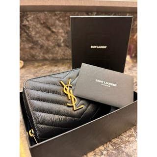 YSL SAINT LAURENT Monogram 皮革 拉鍊 釦式 短夾 卡夾 零錢包 金字 皮夾 黑色