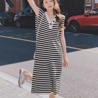 胖胖美依 長裙 休閒裙 A字裙 鹽繫穿搭黑白條紋針織背心裙夏甜辣風炸街直筒連身裙NA19-97005.