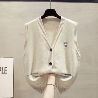 愛依依 針織馬甲 背心外套 無袖上衣 新款寬鬆外穿疊穿毛衣坎肩背心v領羊毛針織開襟衫KBF07-7029.