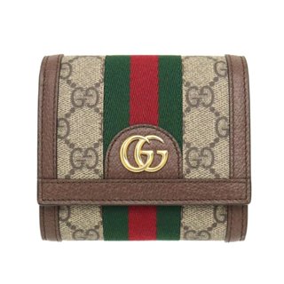 【GUCCI 古馳】Ophidia GG 帆布 牛皮飾邊 暗釦 皮夾 零錢包 卡夾 短夾 米色 烏木色 598662