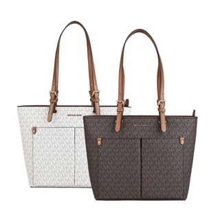 MK MICHAEL KORS Jet Set立體金字LOGO滿版花PVC拉鍊肩背托特包(中/深棕)