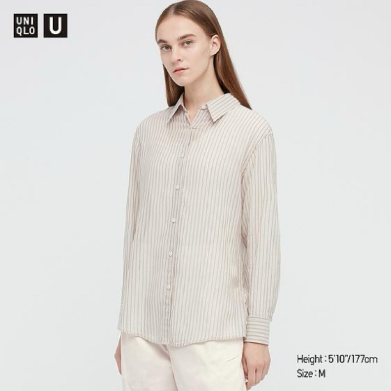 Uniqlo U系列透膚條紋襯衫 米/灰藍條紋 S號