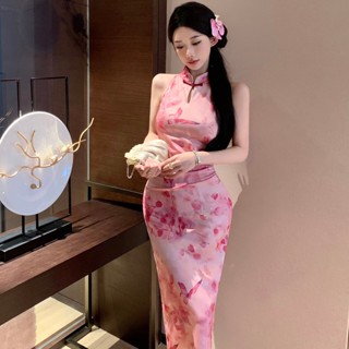 【隔日到】特價新款S-L 夏輕熟國風復古改良旗袍顯瘦粉色印花無袖洋裝褶皺收腰中長裙禮服 度假聚會休閒生日派對尾牙裝扮