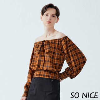 SO NICE【特惠】格紋一字領雪紡上衣【75241012】