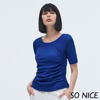SO NICE【特惠】抽皺網布修身上衣｜粉/深藍｜【73331011】