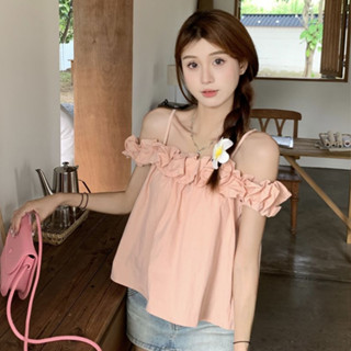 FUXI 溫柔一字肩上衣女 露肩上衣 一字領襯衫 無袖荷葉邊上衣 短版上衣 甜美無袖襯衫 女裝 衣服
