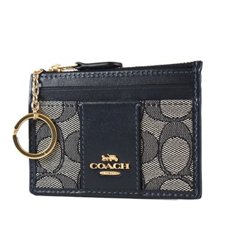 COACH 布面緹花LOGO證件/鑰匙零錢包-午夜藍 【美國正品現貨】