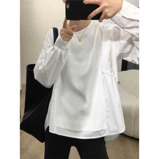 花灰灰🌟顯瘦設計感 l 黑X白X咖 簡約不簡單假兩件設計感拼接長袖上衣 秋季新款寬鬆顯瘦設計感純色文青風圓領長袖T恤