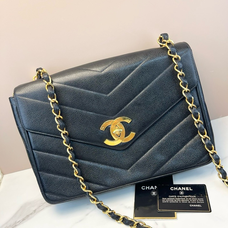 【貝嫂包 不會再有第二個🔥】chanel vintage V紋 黑金荔枝 單鏈30cm 3開雷標完整/有保卡 原始成色