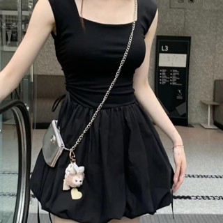 臺灣公司❤️開發票 甜系少女感收腰背心短裙 收腰抽繩短洋裝 芭蕾風 小洋裝 方領抽繩綁帶花苞洋裝 領帶繫帶花苞芭蕾裙